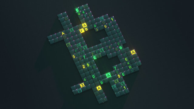 Bitcoin symbol of computer code 3D render