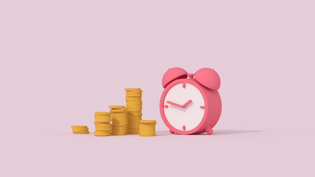 Clock and coins 3D render minimal cartoon illustration