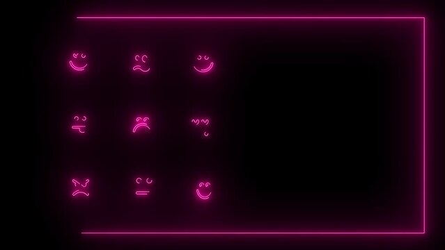 animation of neon lights emoji buttons drawed lines in black background in hlaf screen
