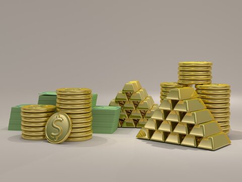 Gold, gold coins and green paper coins. 3d illustration. Business, finance, investment, wealth, saving.