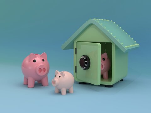 3d illustration piggy bank piggy bank and family stay safe house, saving money investment concept keep safe.