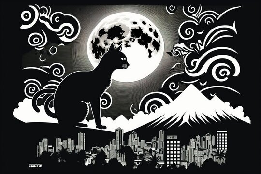 Cat, city and moon, pattern, tattoo idea. wallpaper