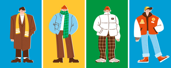 Fototapeta premium Male winter or autumn fashion set. Vector illustration of stylish men wearing casual clothes such as coats, jackets, scarves. Trendy winter outerwear in cute flat style.