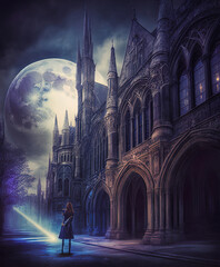 Obraz premium Fantasy academy. Gothic building. Great for urban fantasy, vampire and other stories. 