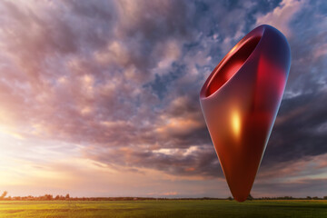 Green field and sunset with destination big red pin location. Concept of goal, dream, end, picnic,...