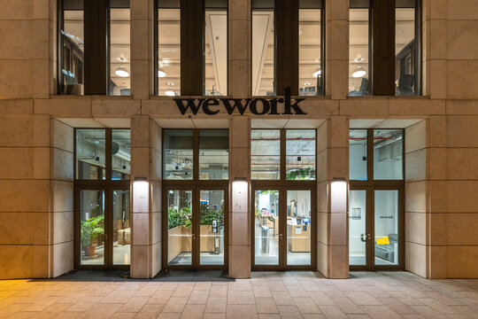 front of the wework building at night