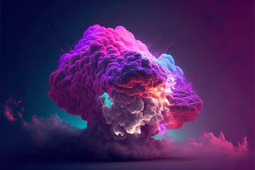 Glowing neon Abstract fantasy landscape. Cumulus neon clouds against night purple sky. Creative futuristic wallpaper. 3D illustration.