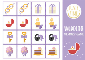 Vector wedding memory game cards with cute traditional symbols. Marriage ceremony matching activity. Remember and find correct card. Simple printable worksheet for kids.