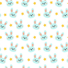 Seamless pattern Easter blue rabbits, bunnies with stars on a white background. Cute, kawaii vector illustration. Print for children's wallpaper, wrapping paper