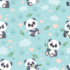 Cartoon panda seamless pattern background, happy cute panda with cloud heart and bamboo.Vector illustration 