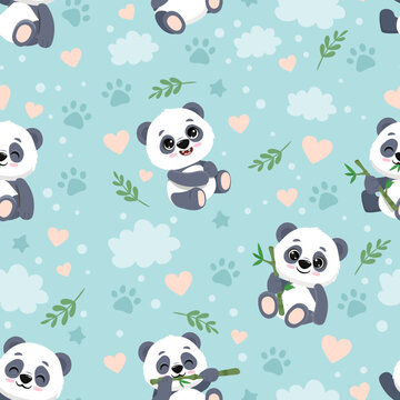 Cartoon panda seamless pattern background, happy cute panda with cloud heart and bamboo.Vector illustration 