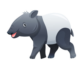 Cute Malayan Tapir Walking as Asian Animal with White Patch and Short Nose Trunk Vector Illustration