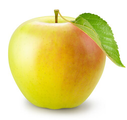 Yellow apple with leaves isolated on white background, Yellow Orin Apples on white background With clipping path