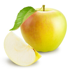 Yellow apple with leaves isolated on white background, Yellow Orin Apples on white background With clipping path