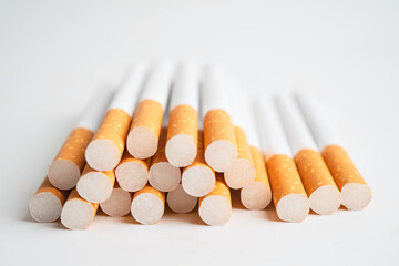 Cigarette, tobacco in roll paper with filter tube isolated on white background, No smoking concept.