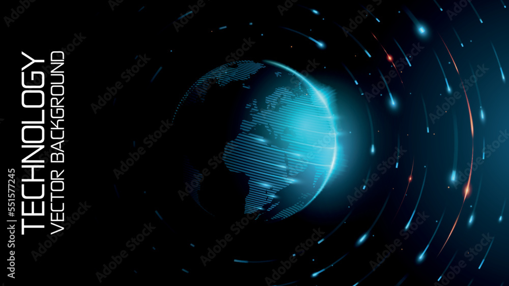 Poster tech vector. blue abstract futuristic background. sunrise. satellites and rockets in orbit of planet