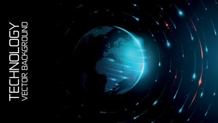 Tech vector. Blue abstract futuristic background. Sunrise. Satellites and rockets in orbit of planet Earth. Plasma clot of energy. Glowing rays with flickering particles. Science and technology. © vit_mar