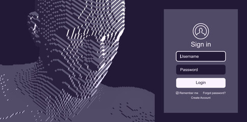 Abstract digital human head constructing from cubes. Login user interface. Modern screen design for mobile app and web design. Website element. Сyber security concept illustration. Voxel art.
