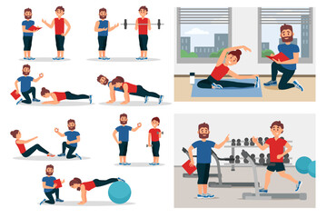 Personal Gym Coach or Trainer Training People Giving Instruction Big Vector Set