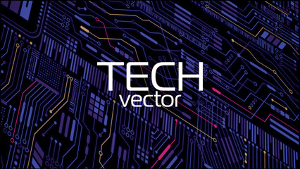 Black blue abstract technological background. Vector. Computer board with microprocessor. Electronic electrical circuit. Binary code and microchips. Global internet, mining, social networks. Future.