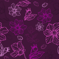 Vector trendy seamless pattern of luxury dahlia flowers and trendy botanical elements on purple background. Hand drawn line leaves, branches, buds and blooming. Elegant flowers for wallpaper, textile 