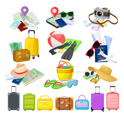 Travel Stuff with Suitcase and Accessories with Map, Camera, Passport and Hat Big Vector Set