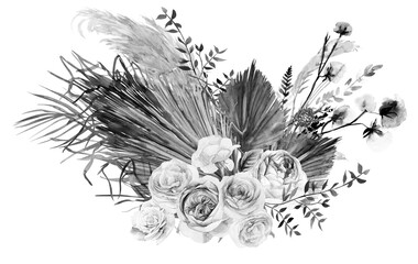 Watercolor black and white illustration with a bouquet with flowers of light roses and dried flowers for white background