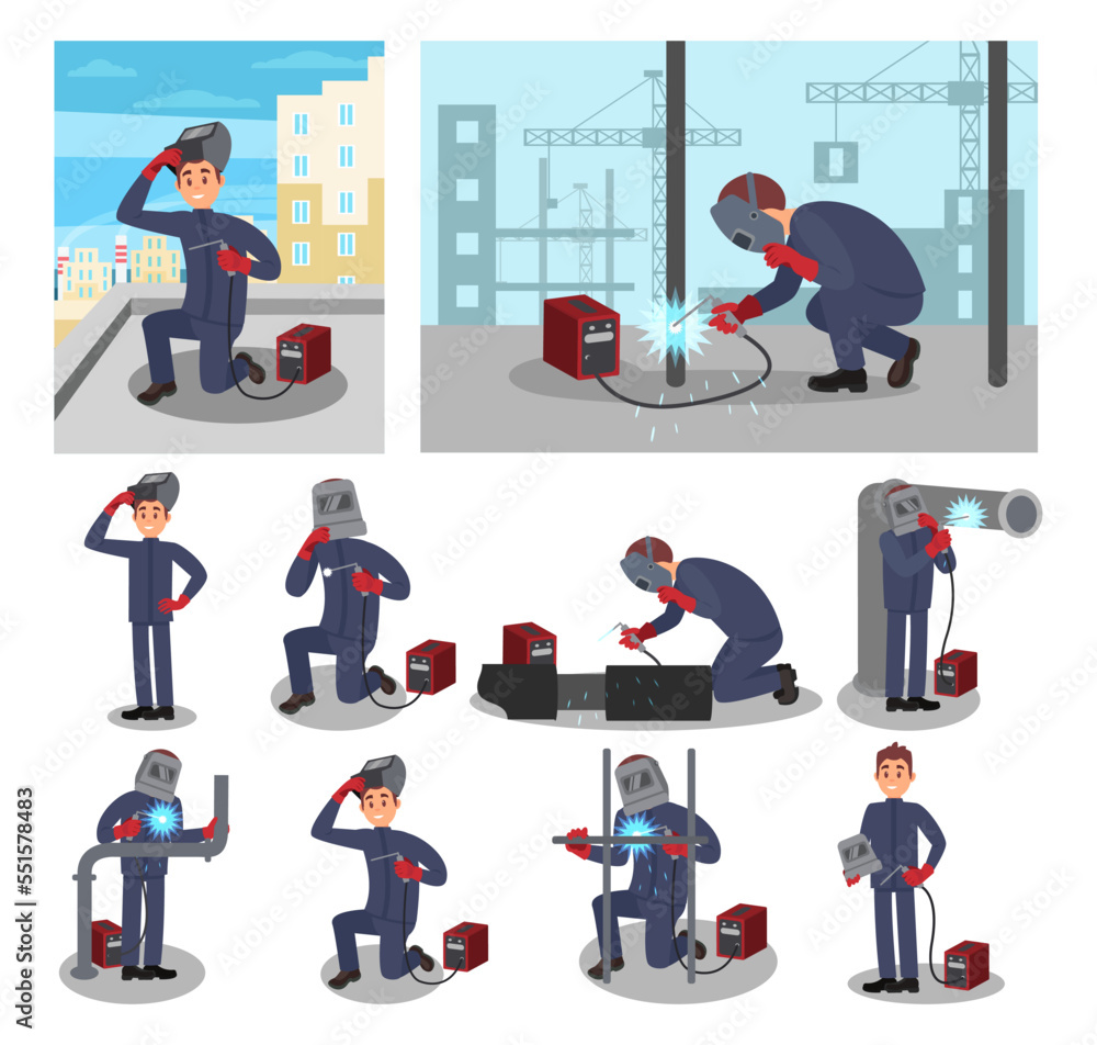 Poster welder worker character in protective helmet and uniform welding pipeline big vector set