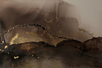 Art Abstract watercolor marble smoke blot painting. Brown and gold Color canvas texture horizontal...