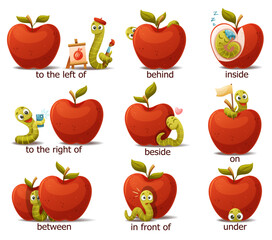 Red Apple with Green Worm as English Preposition Words Vector Set