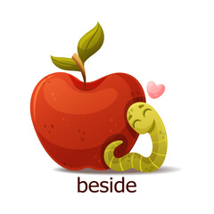 Cute Green Worm Beside Red Apple as English Preposition Word Vector Illustration