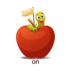 Cute Green Worm On Top of Red Apple with Flag as English Preposition Word Vector Illustration
