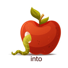 Cute Green Worm Creeping Into Hole in Red Apple as English Preposition Word Vector Illustration
