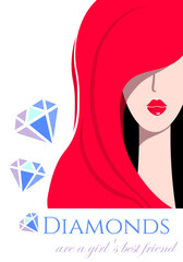 Red-haired girl, a set of rimless diamonds on a white background and lettering