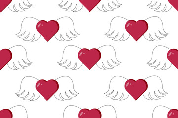 Viva magenta seamless pattern with flat hearts. Heart with wings on white background. Wrapping paper, website banner concept, marketing material 