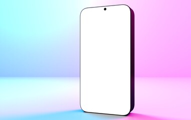 Smartphone mockup with blank white screen on a blue and pink background. 3D Rendering