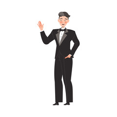 Obraz na płótnie Canvas Famous Man Celebrity in Elegant Suit Standing and Waving Hand Vector Illustration