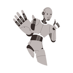 Metal Humanoid Robot Machine Smiling and Showing Thumb Up Gesture Vector Illustration