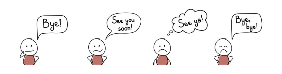 Unhappy cartoon people with text - bye, see ya, see you soon. Vector
