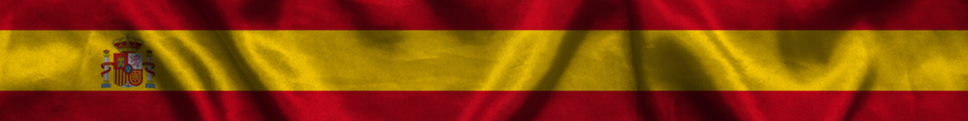Elongated national flag of Spain, with a fabric texture fluttering in the wind. Spanish flag for website design. 3d illustration