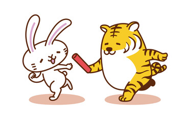 ウサギのキャラクターイラストシリーズ　「虎からバトンを受け取るウサギ」