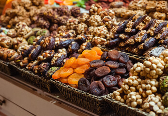 Turkish sweets and dried fruits on the counter