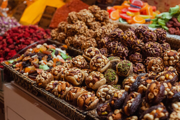 Turkish sweets and dried fruits on the counter