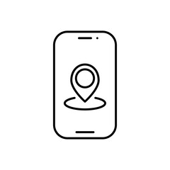 Location icon on smartphone. Outline smartphone location vector icon for web design isolated on white background
