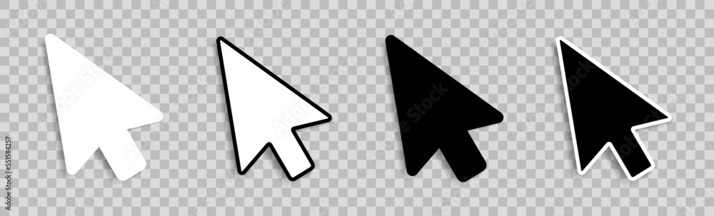 Poster mouse pointer icons with a shadow on a transparent background. a set of four cursor pointers. vector