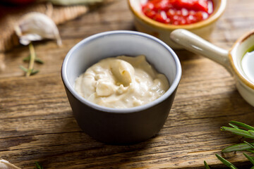 blue cheese sauce on wooden table macro close up