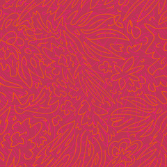 Pink and red texture with abstract hand-drawn linear plants. - 551584491