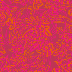 Pink and red texture with abstract hand-drawn linear plants and leaves. - 551584492
