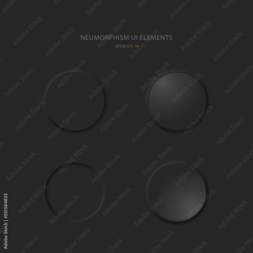 Poster a set of user interface design elements. round buttons in neumorphic style on a black background. ve
