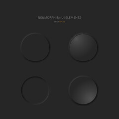 A set of user interface design elements. Round buttons in neumorphic style on a black background. Vector illustration.